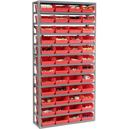 Global Industrial Steel Shelving with 48 4inH Plastic Shelf Bins Red, 36x12x72-13 Shelves 603439RD